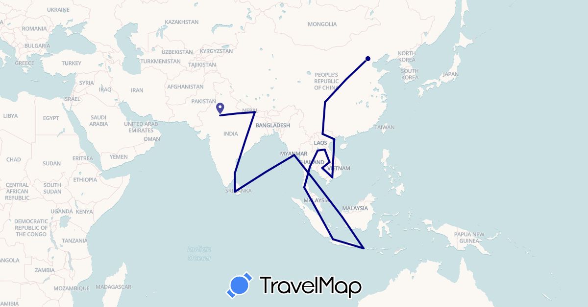 TravelMap itinerary: driving in China, Indonesia, India, Cambodia, Laos, Sri Lanka, Myanmar (Burma), Malaysia, Nepal, Thailand, Vietnam (Asia)