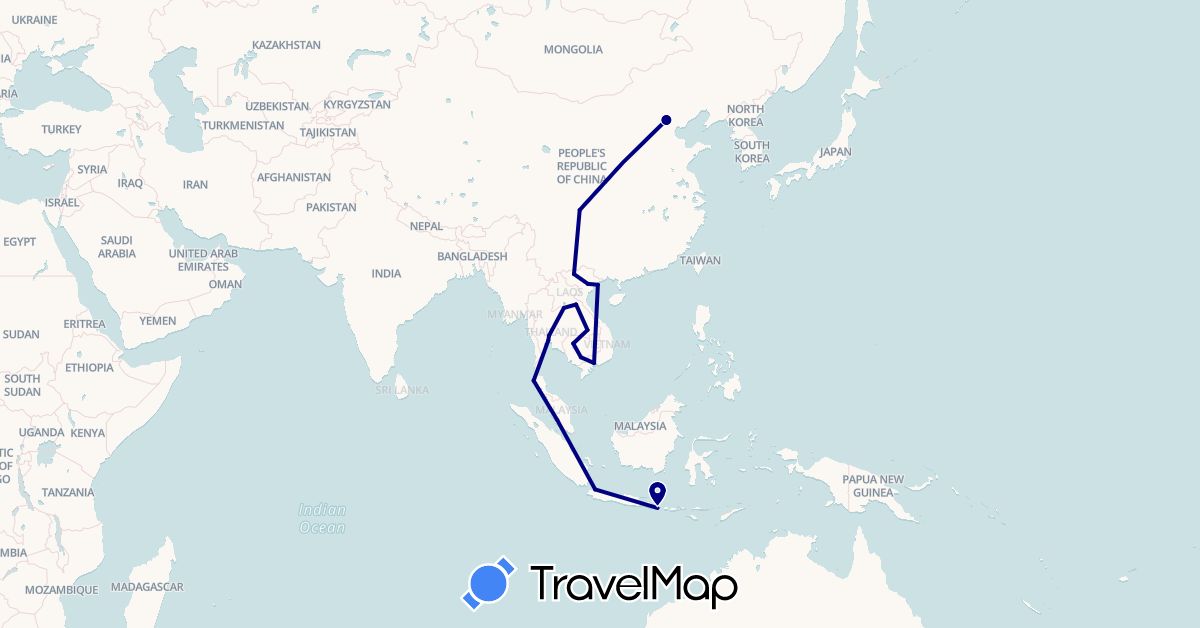 TravelMap itinerary: driving in China, Indonesia, Cambodia, Laos, Malaysia, Thailand, Vietnam (Asia)
